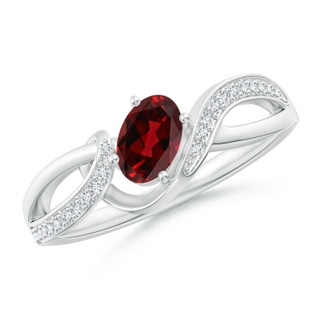 6x4mm AAAA Solitaire Oval Garnet Twisted Ribbon Ring with Pavé Diamond Accents in White Gold