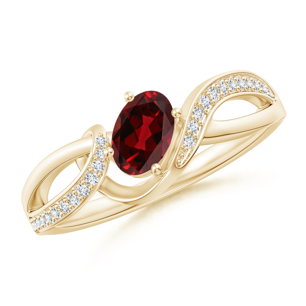6x4mm AAAA Solitaire Oval Garnet Twisted Ribbon Ring with Pavé Diamond Accents in Yellow Gold