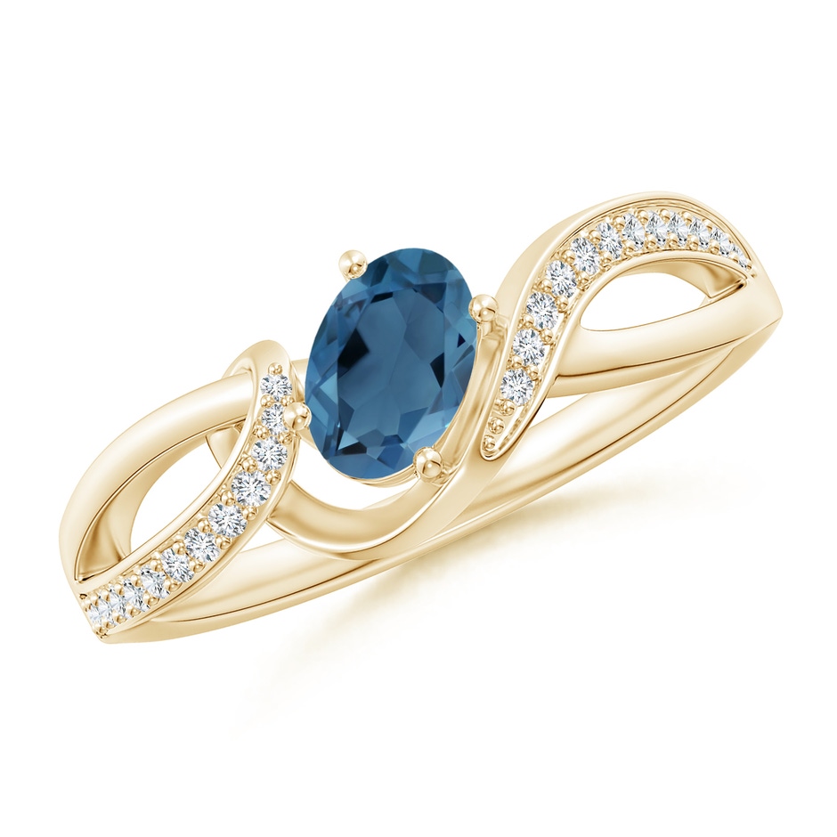6x4mm A Oval London Blue Topaz Twisted Ribbon Ring with Diamonds in Yellow Gold 