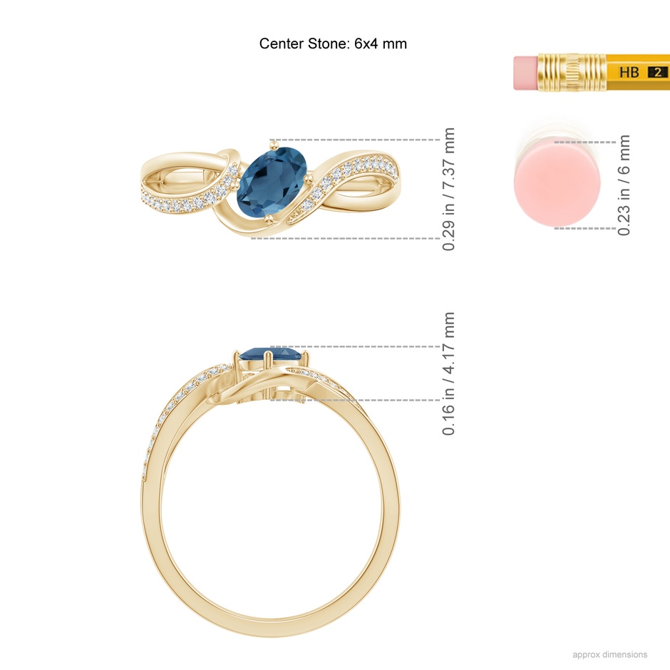 6x4mm A Oval London Blue Topaz Twisted Ribbon Ring with Diamonds in Yellow Gold ruler