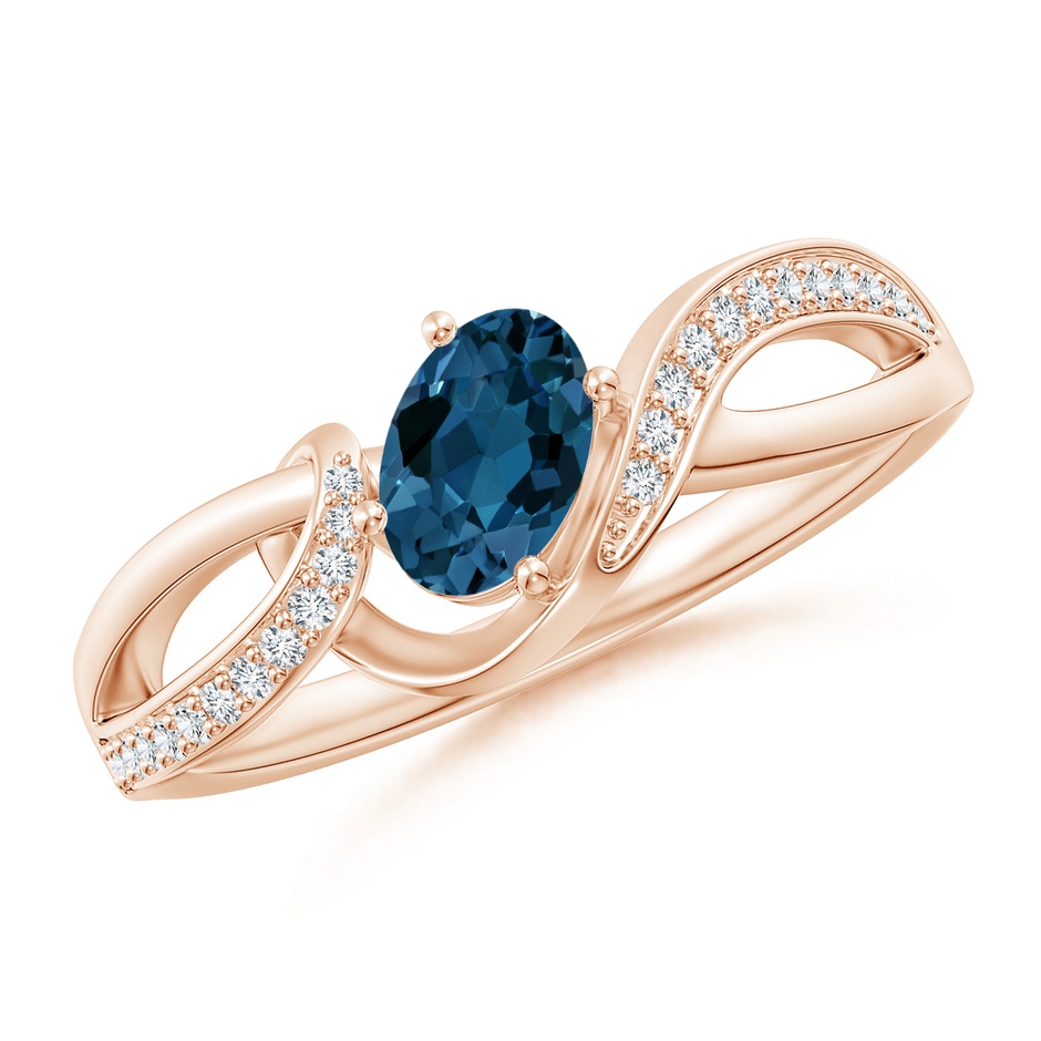 6x4mm AAA Oval London Blue Topaz Twisted Ribbon Ring with Diamonds in Rose Gold 
