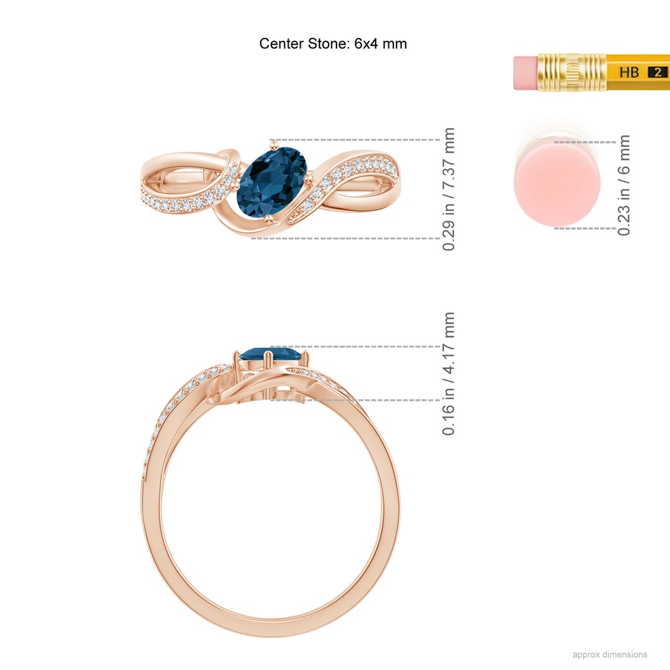 6x4mm AAA Oval London Blue Topaz Twisted Ribbon Ring with Diamonds in Rose Gold ruler
