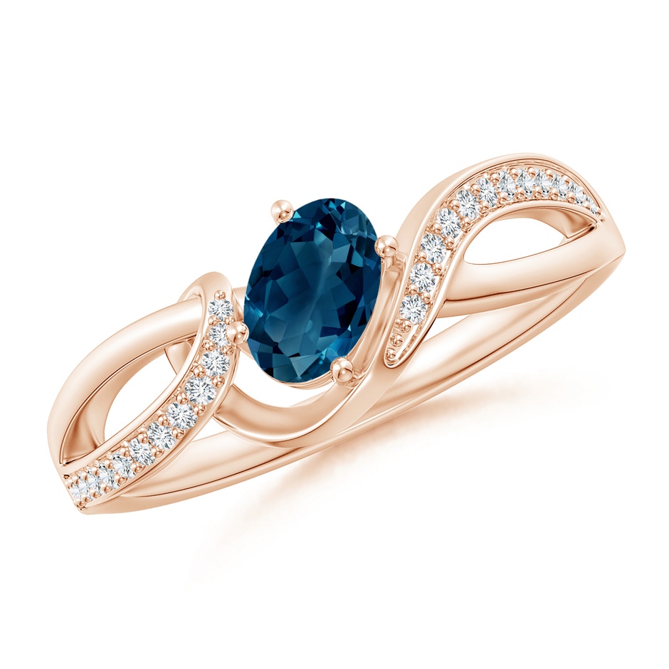 6x4mm AAAA Oval London Blue Topaz Twisted Ribbon Ring with Diamonds in Rose Gold 