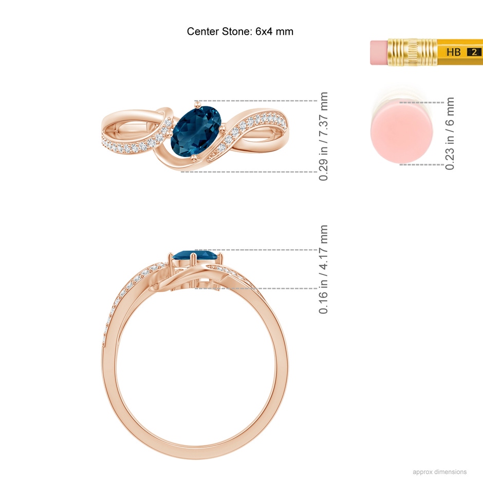 6x4mm AAAA Oval London Blue Topaz Twisted Ribbon Ring with Diamonds in Rose Gold ruler
