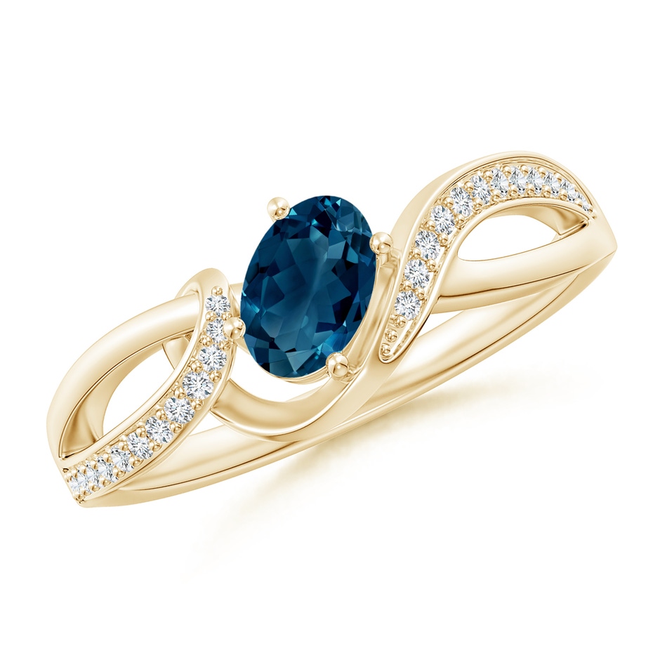 6x4mm AAAA Oval London Blue Topaz Twisted Ribbon Ring with Diamonds in Yellow Gold 