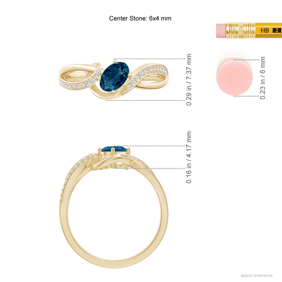 6x4mm AAAA Oval London Blue Topaz Twisted Ribbon Ring with Diamonds in Yellow Gold ruler