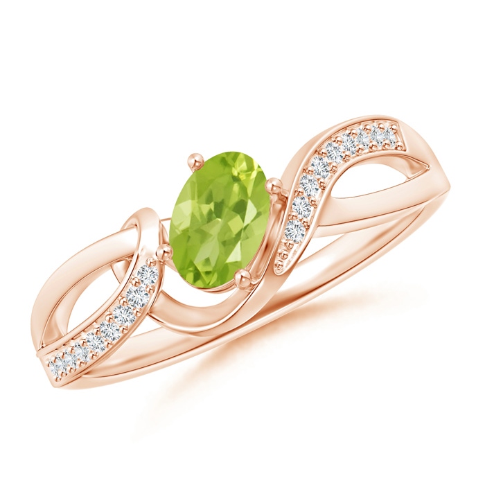 6x4mm AA Solitaire Oval Peridot Twisted Ribbon Ring with Pavé Diamond Accents in Rose Gold 