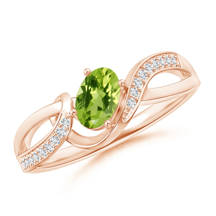 6x4mm AAA Solitaire Oval Peridot Twisted Ribbon Ring with Pavé Diamond Accents in Rose Gold 