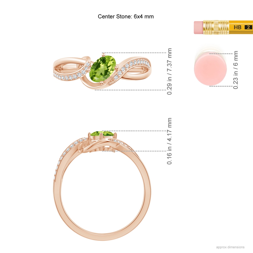 6x4mm AAA Solitaire Oval Peridot Twisted Ribbon Ring with Pavé Diamond Accents in Rose Gold Product Image