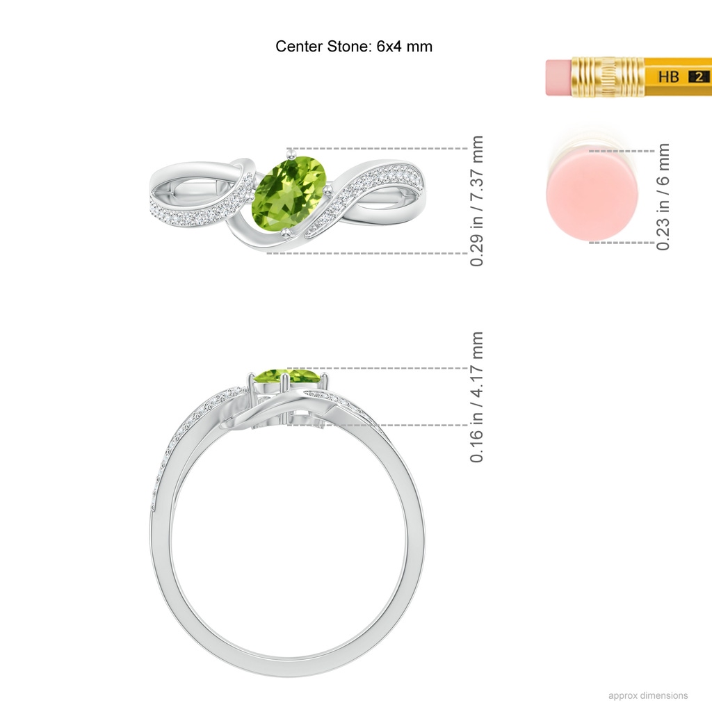 6x4mm AAA Solitaire Oval Peridot Twisted Ribbon Ring with Pavé Diamond Accents in S999 Silver Product Image
