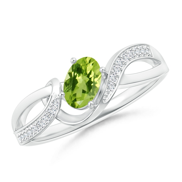 6x4mm AAA Solitaire Oval Peridot Twisted Ribbon Ring with Pavé Diamond Accents in White Gold 