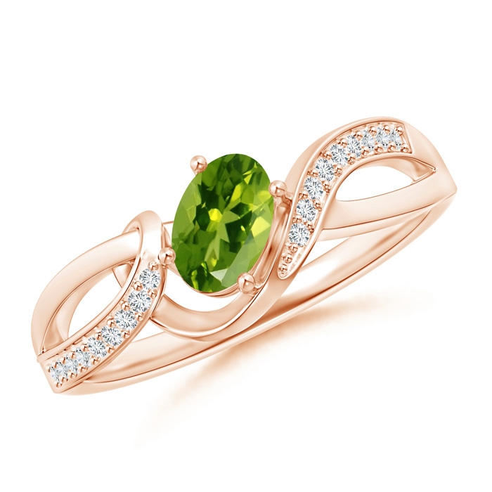 6x4mm AAAA Solitaire Oval Peridot Twisted Ribbon Ring with Pavé Diamond Accents in Rose Gold 
