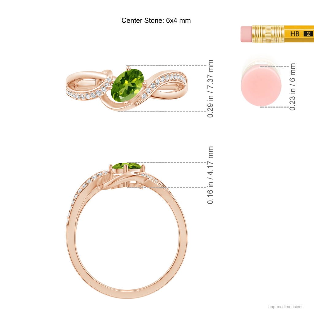 6x4mm AAAA Solitaire Oval Peridot Twisted Ribbon Ring with Pavé Diamond Accents in Rose Gold Product Image
