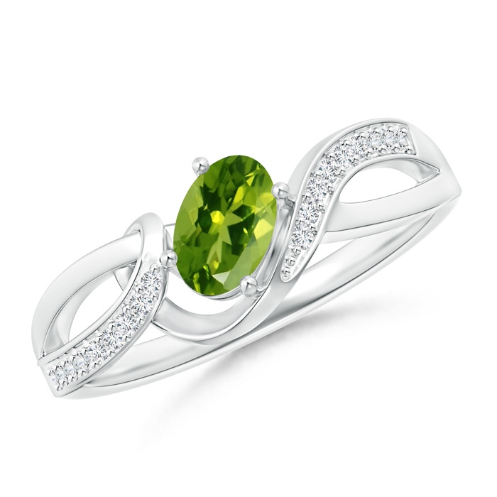 6x4mm AAAA Solitaire Oval Peridot Twisted Ribbon Ring with Pavé Diamond Accents in S999 Silver