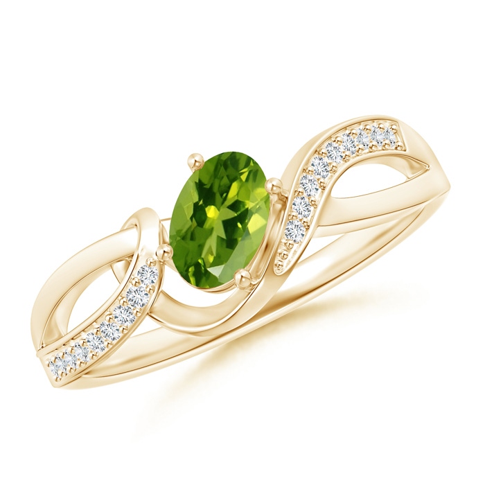 6x4mm AAAA Solitaire Oval Peridot Twisted Ribbon Ring with Pavé Diamond Accents in Yellow Gold