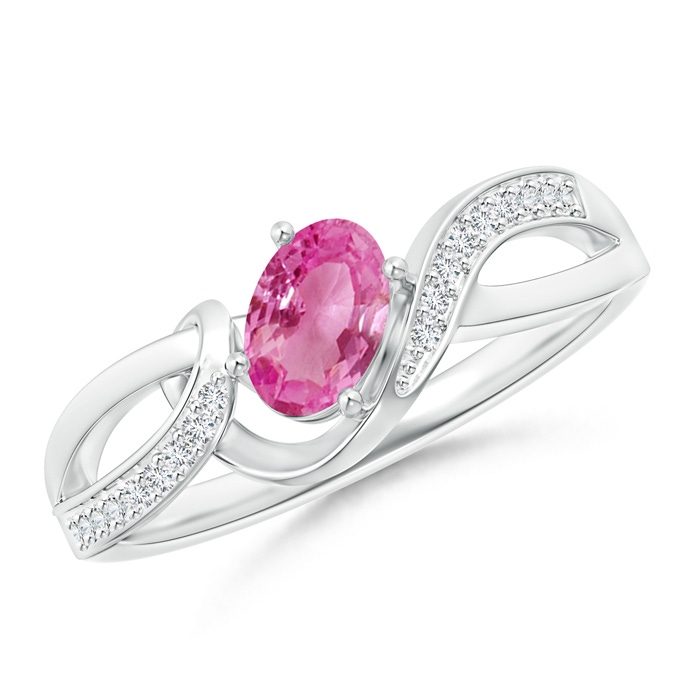 6x4mm AAA Solitaire Oval Pink Sapphire Twisted Ribbon Ring with Pavé Diamond Accents in White Gold