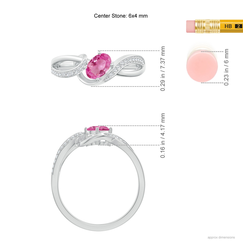 6x4mm AAA Solitaire Oval Pink Sapphire Twisted Ribbon Ring with Pave Diamond Accents in White Gold Product Image