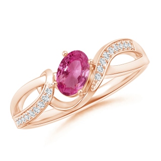6x4mm AAAA Solitaire Oval Pink Sapphire Twisted Ribbon Ring with Pavé Diamond Accents in Rose Gold