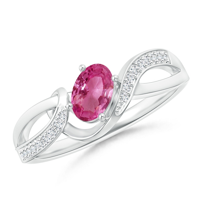 6x4mm AAAA Solitaire Oval Pink Sapphire Twisted Ribbon Ring with Pavé Diamond Accents in S999 Silver