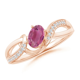 6x4mm AAA Solitaire Oval Pink Tourmaline Twisted Ribbon Ring with Pavé Diamond Accents in Rose Gold