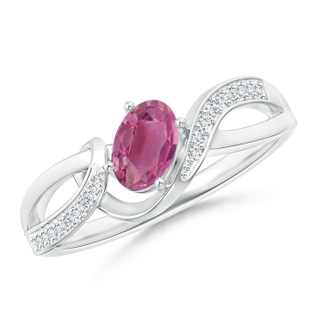 6x4mm AAA Solitaire Oval Pink Tourmaline Twisted Ribbon Ring with Pavé Diamond Accents in White Gold