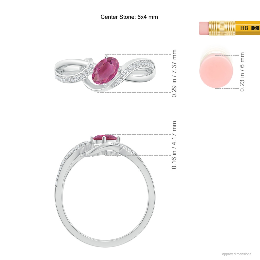 6x4mm AAA Solitaire Oval Pink Tourmaline Twisted Ribbon Ring with Pave Diamond Accents in White Gold Product Image