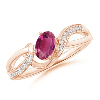 6x4mm AAAA Solitaire Oval Pink Tourmaline Twisted Ribbon Ring with Pavé Diamond Accents in Rose Gold