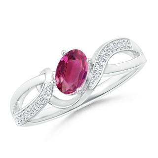 6x4mm AAAA Solitaire Oval Pink Tourmaline Twisted Ribbon Ring with Pavé Diamond Accents in White Gold