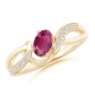 6x4mm AAAA Solitaire Oval Pink Tourmaline Twisted Ribbon Ring with Pavé Diamond Accents in Yellow Gold