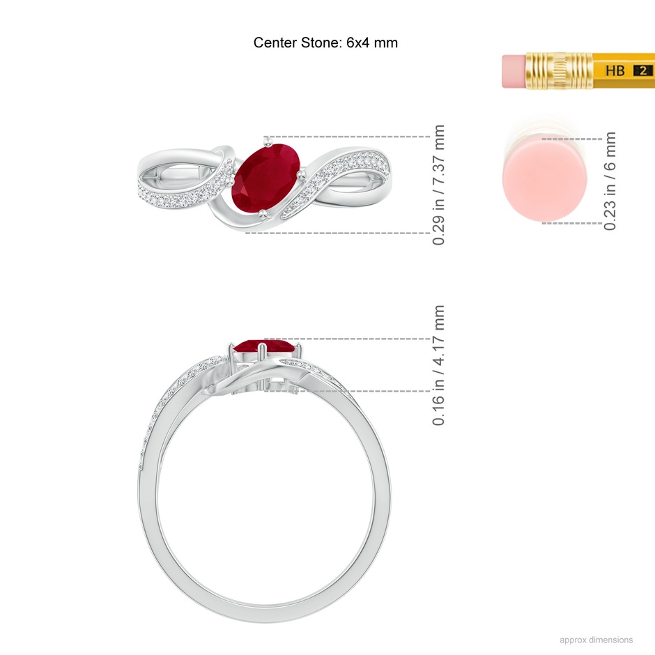 6x4mm AA Solitaire Oval Ruby Twisted Ribbon Ring with Pavé Diamond Accents in White Gold ruler