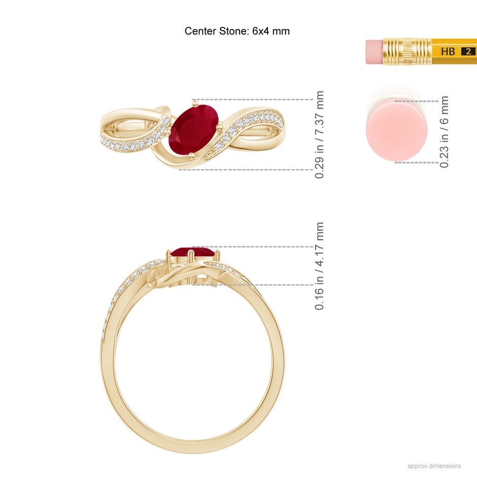 6x4mm AA Solitaire Oval Ruby Twisted Ribbon Ring with Pavé Diamond Accents in Yellow Gold ruler