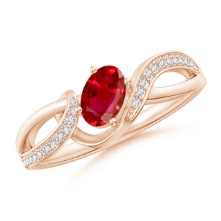 6x4mm AAA Solitaire Oval Ruby Twisted Ribbon Ring with Pavé Diamond Accents in Rose Gold