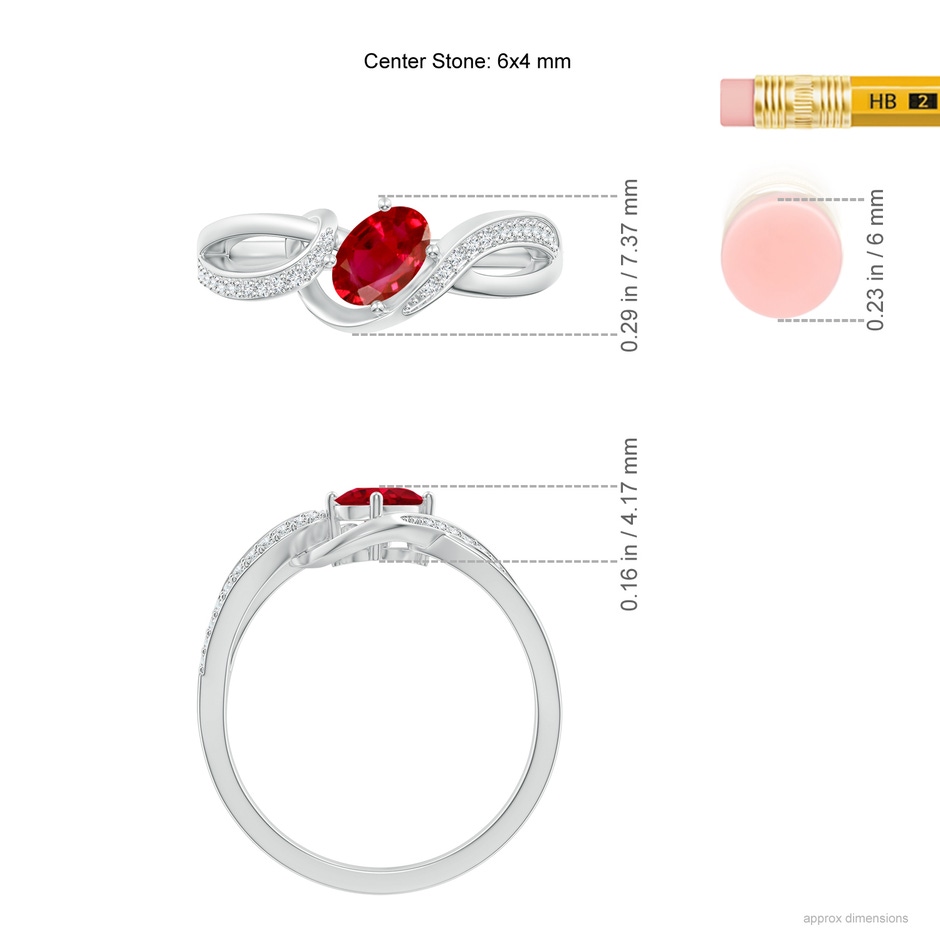 6x4mm AAA Solitaire Oval Ruby Twisted Ribbon Ring with Pavé Diamond Accents in White Gold ruler