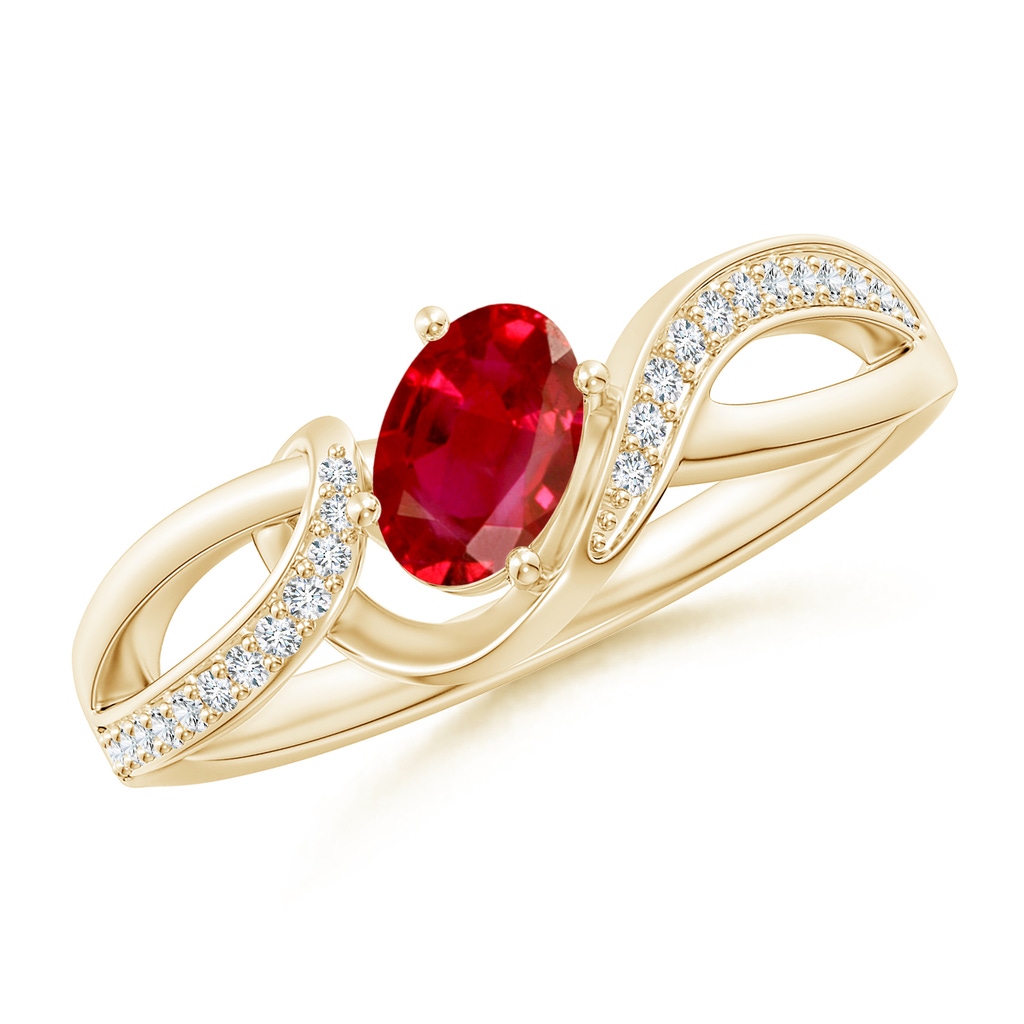 6x4mm AAA Solitaire Oval Ruby Twisted Ribbon Ring with Pavé Diamond Accents in Yellow Gold