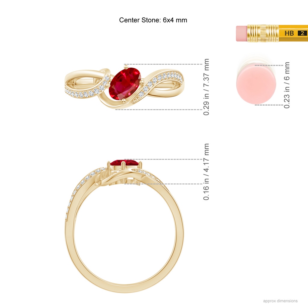 6x4mm AAA Solitaire Oval Ruby Twisted Ribbon Ring with Pavé Diamond Accents in Yellow Gold Ruler