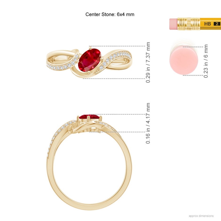 6x4mm AAA Solitaire Oval Ruby Twisted Ribbon Ring with Pavé Diamond Accents in Yellow Gold ruler