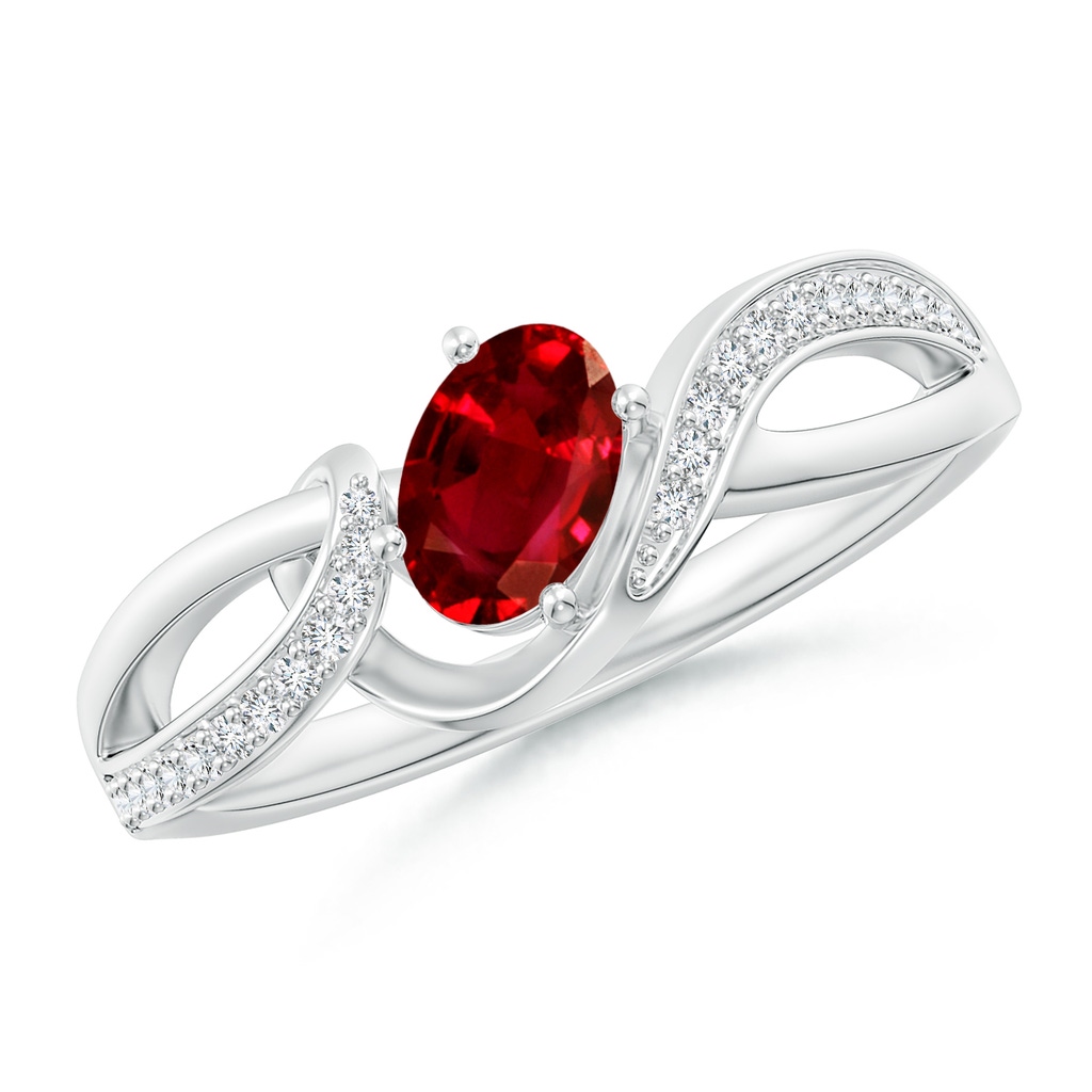 6x4mm AAAA Solitaire Oval Ruby Twisted Ribbon Ring with Pavé Diamond Accents in White Gold