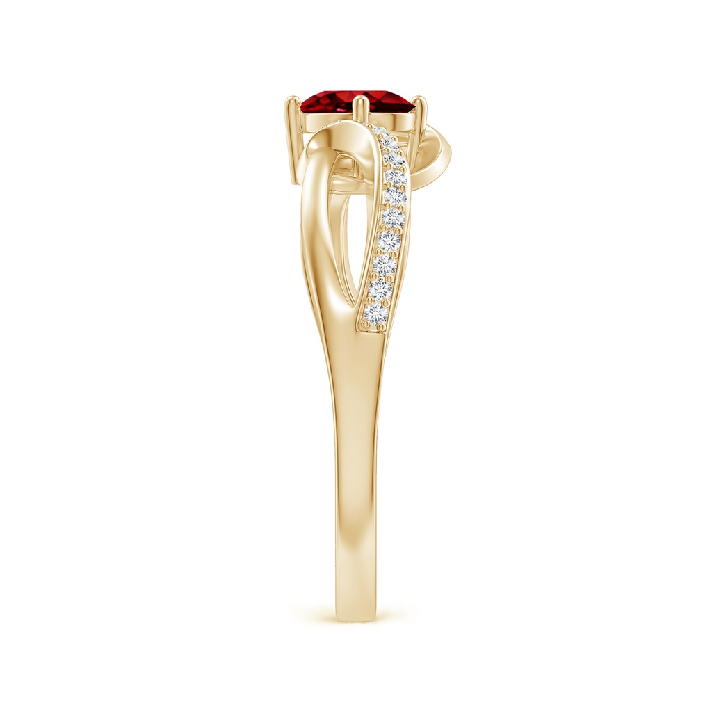6x4mm AAAA Solitaire Oval Ruby Twisted Ribbon Ring with Pavé Diamond Accents in Yellow Gold Side-2