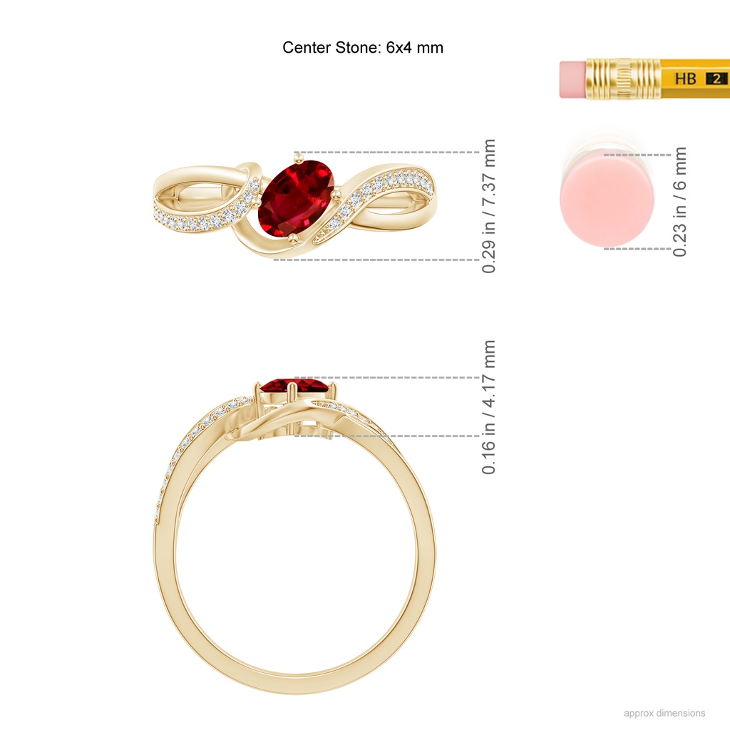 6x4mm AAAA Solitaire Oval Ruby Twisted Ribbon Ring with Pavé Diamond Accents in Yellow Gold Ruler