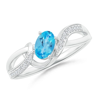 6x4mm AAA Tilted Oval Swiss Blue Topaz Ribbon Shank Ring with Diamonds in White Gold