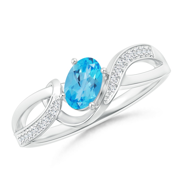 6x4mm AAA Tilted Oval Swiss Blue Topaz Ribbon Shank Ring with Diamonds in White Gold 