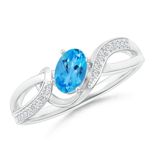 6x4mm AAAA Tilted Oval Swiss Blue Topaz Ribbon Shank Ring with Diamonds in White Gold