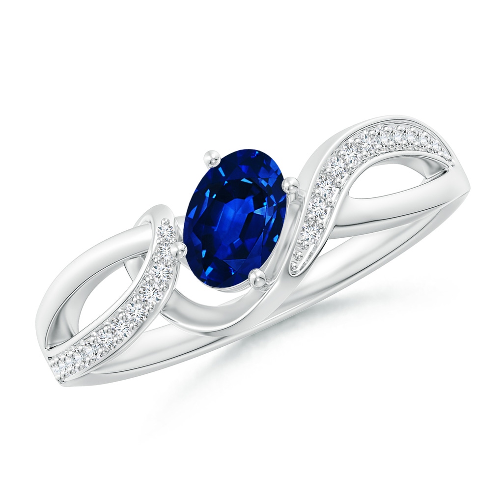 6x4mm AAAA Solitaire Oval Sapphire Twisted Ribbon Ring with Pavé Diamond Accents in White Gold