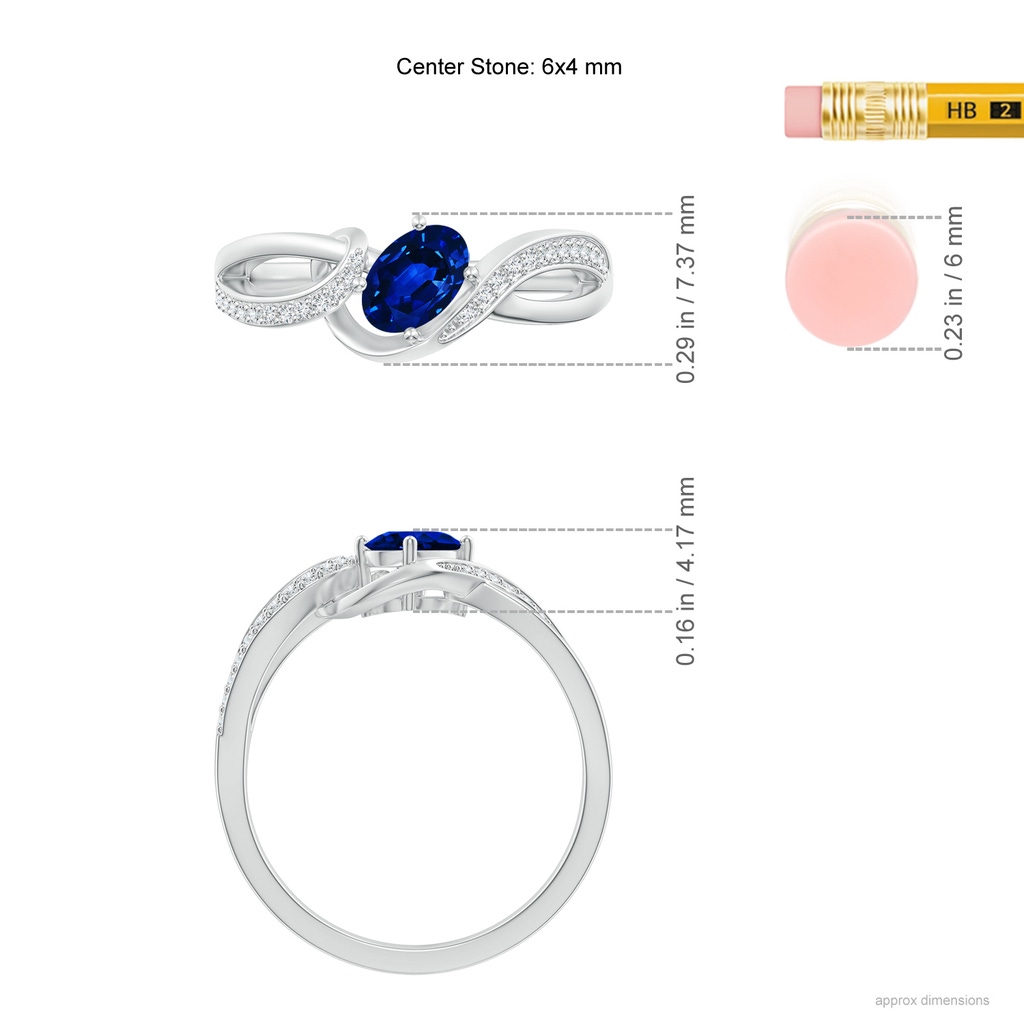 6x4mm AAAA Solitaire Oval Sapphire Twisted Ribbon Ring with Pavé Diamond Accents in White Gold Ruler