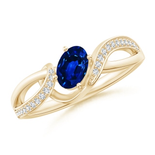 6x4mm AAAA Solitaire Oval Sapphire Twisted Ribbon Ring with Pavé Diamond Accents in Yellow Gold