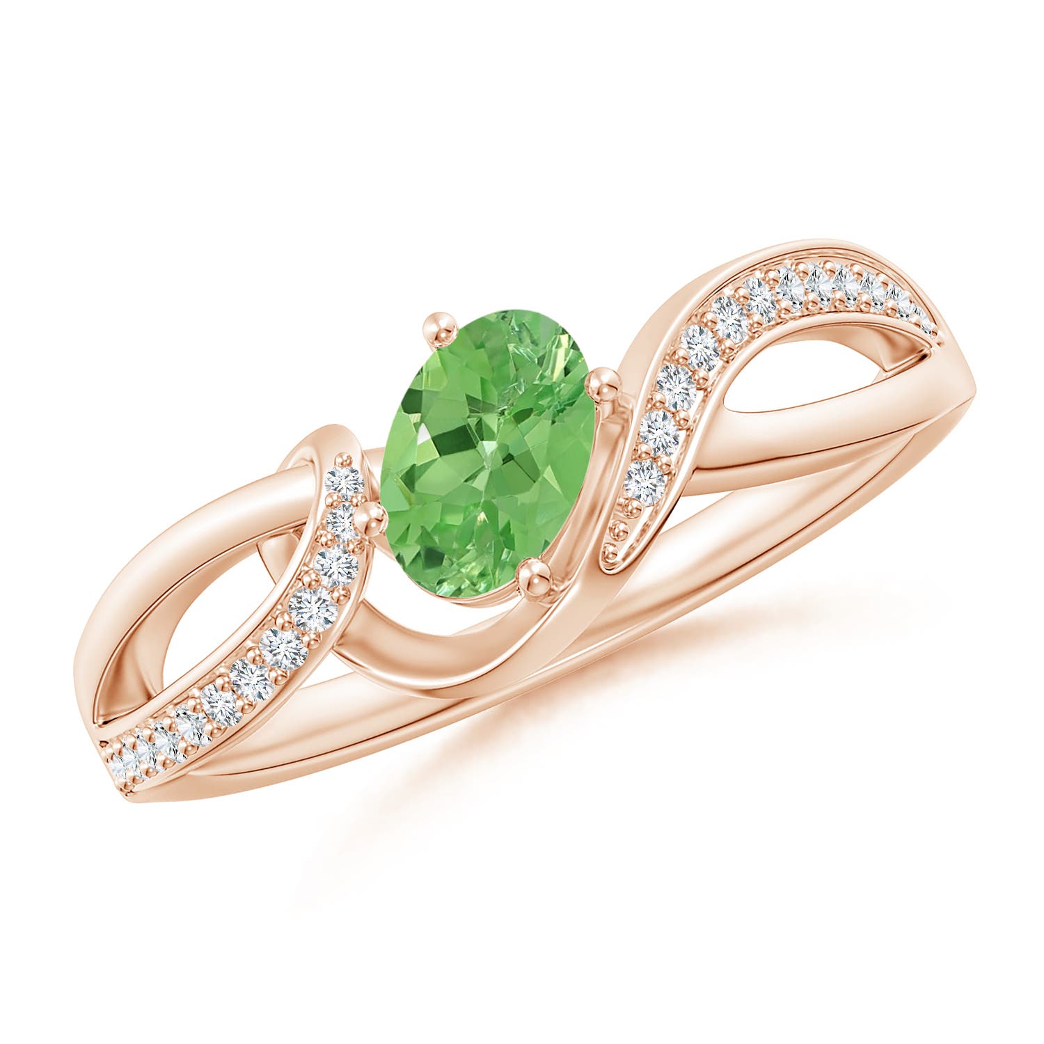 6x4mm A Oval Tsavorite Twisted Ribbon Ring with Pavé Diamonds in Rose Gold