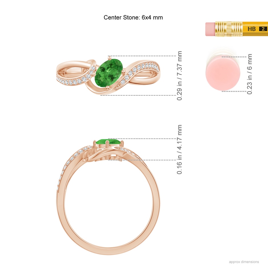 6x4mm AA Oval Tsavorite Twisted Ribbon Ring with Pavé Diamonds in Rose Gold ruler