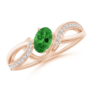6x4mm AAA Oval Tsavorite Twisted Ribbon Ring with Pavé Diamonds in 9K Rose Gold
