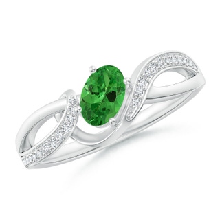 6x4mm AAA Oval Tsavorite Twisted Ribbon Ring with Pavé Diamonds in White Gold