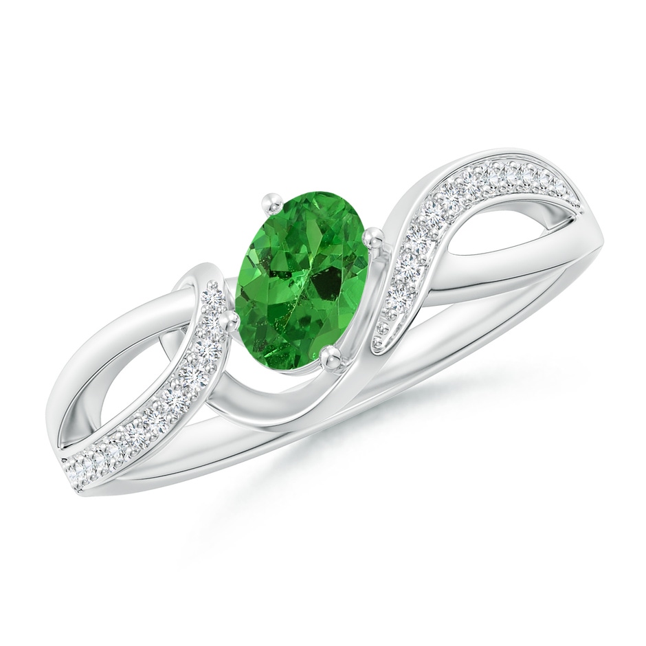 6x4mm AAA Oval Tsavorite Twisted Ribbon Ring with Pavé Diamonds in White Gold 